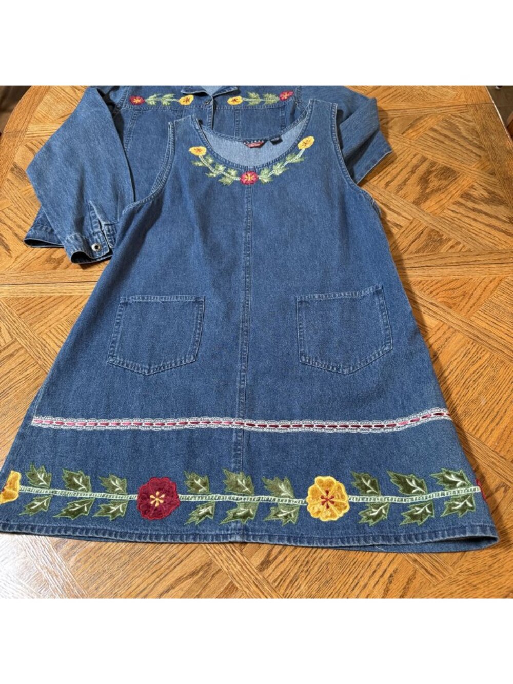 Floral Embroidered Denim Jumper Dress & Button-Up Jacket Set Large Cotton - Picture 2 of 13